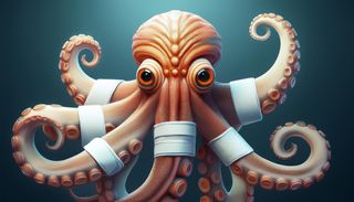 An octopus with tentacles in slings, bandages and casts like broken arms.